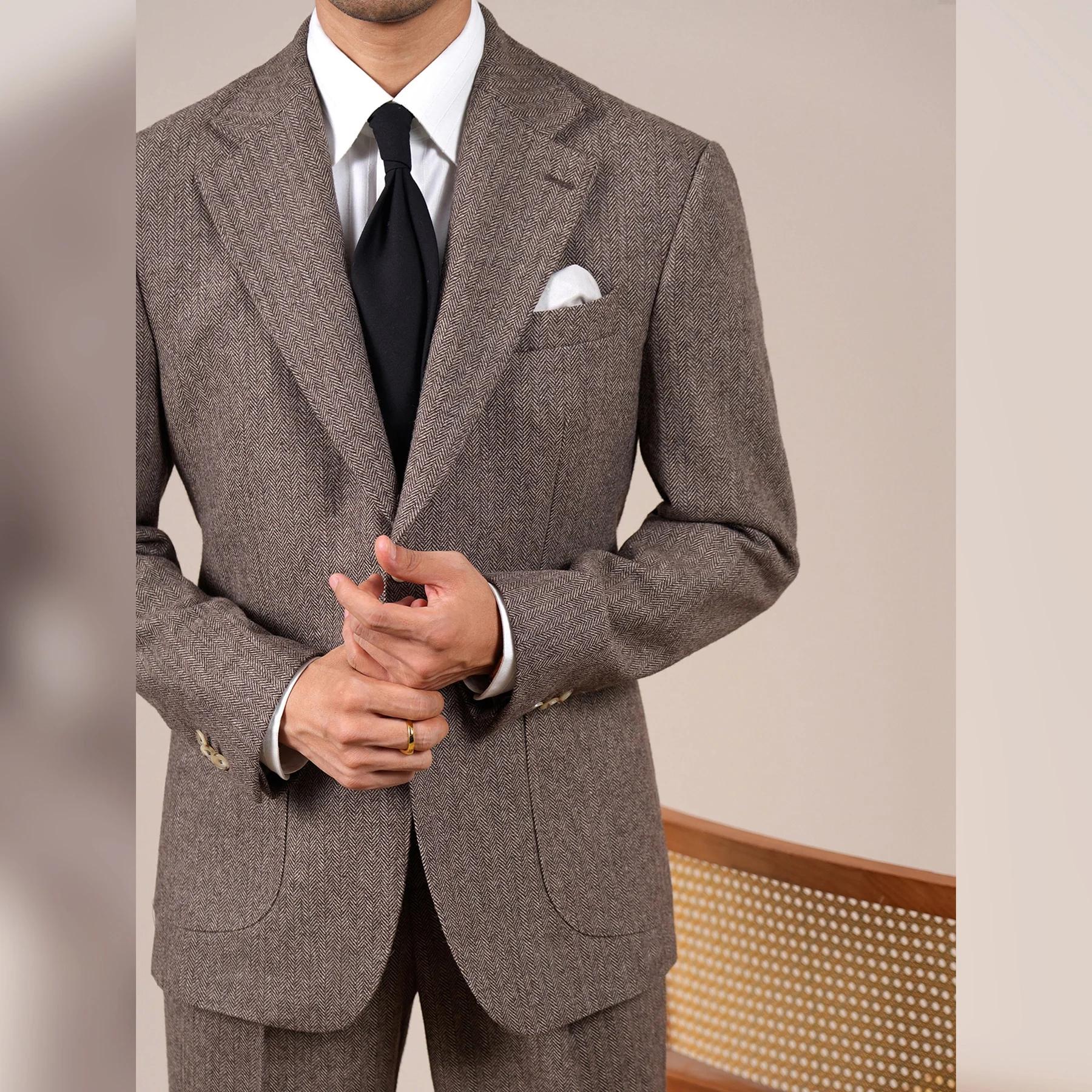 Ensemble de costume en mélange de laine pour hommes, Style automne-hiver, revers cranté, motif à che