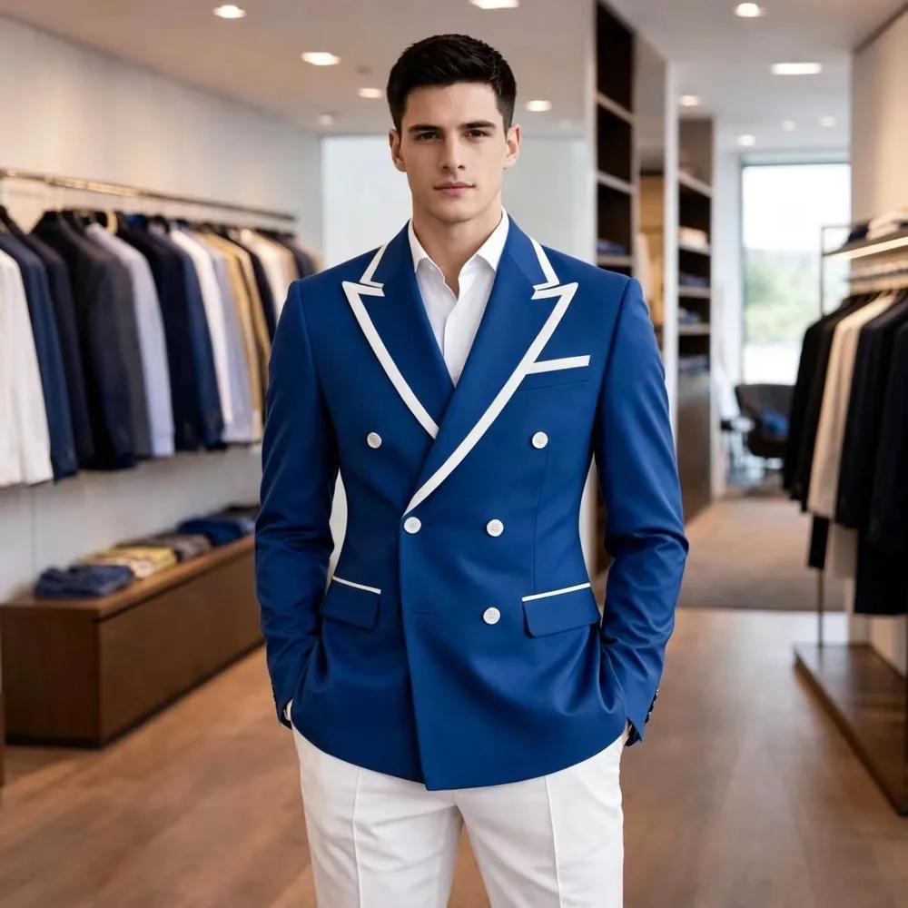Blazer de costume bleu marine pour homme, classique, croisé, coupe ajustée, revers à pointe avec gar