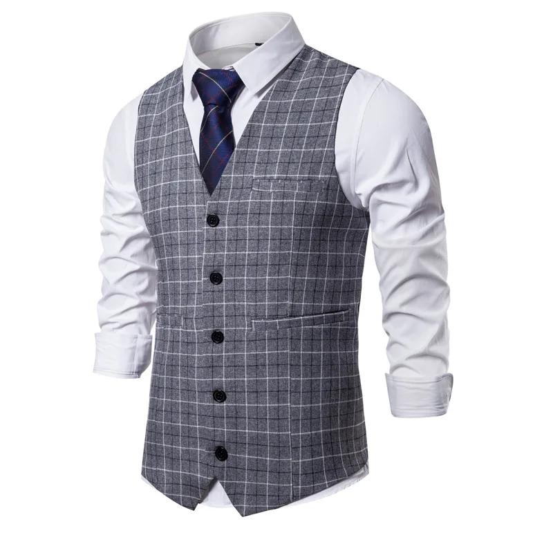 Gilet de Costume Tendance 2026 pour Hommes – Gilet Habillé Slim à Carreaux, Col V Vintage, Sans Manc