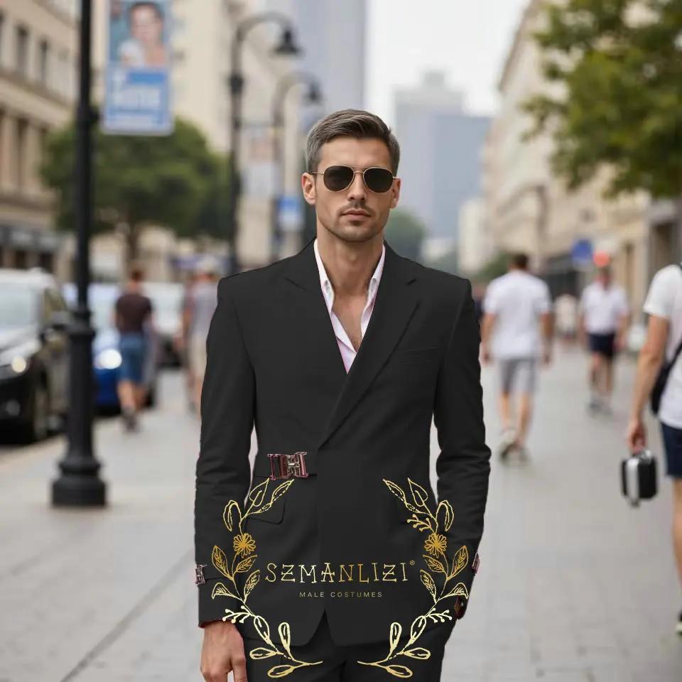 Costumes rose pour hommes, bouton en métal, Double boutonnage, Blazer, revers, ensemble formel éléga