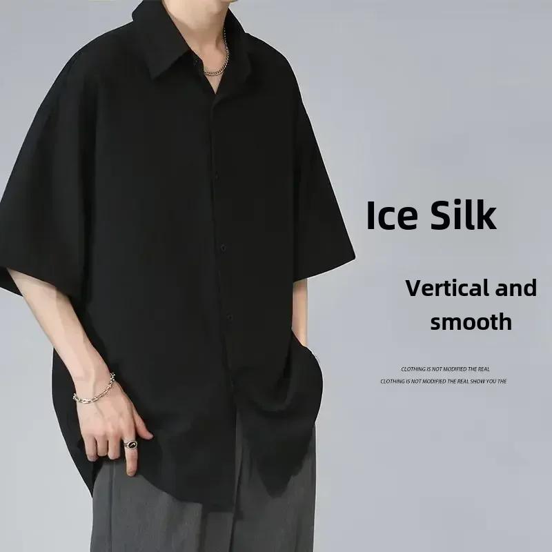Chemise à manches courtes en soie glacée pour hommes, coupe ample, Style coréen, chemise noire tenda