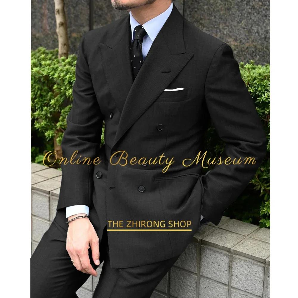 Costume homme gris classique, blazer à double boutonnage et pantalon, ensemble 2 pièces pour mariage