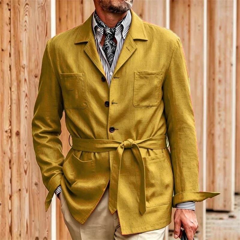 Blazer en lin pour homme avec ceinture, revers cranté, coupe ajustée, léger et respirant pour l'été,