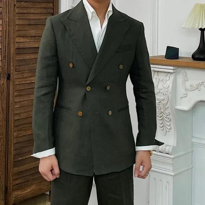 Costumes en lin chic pour hommes, blazer à double boutonnage à revers Patricia, ensembles d'affaires