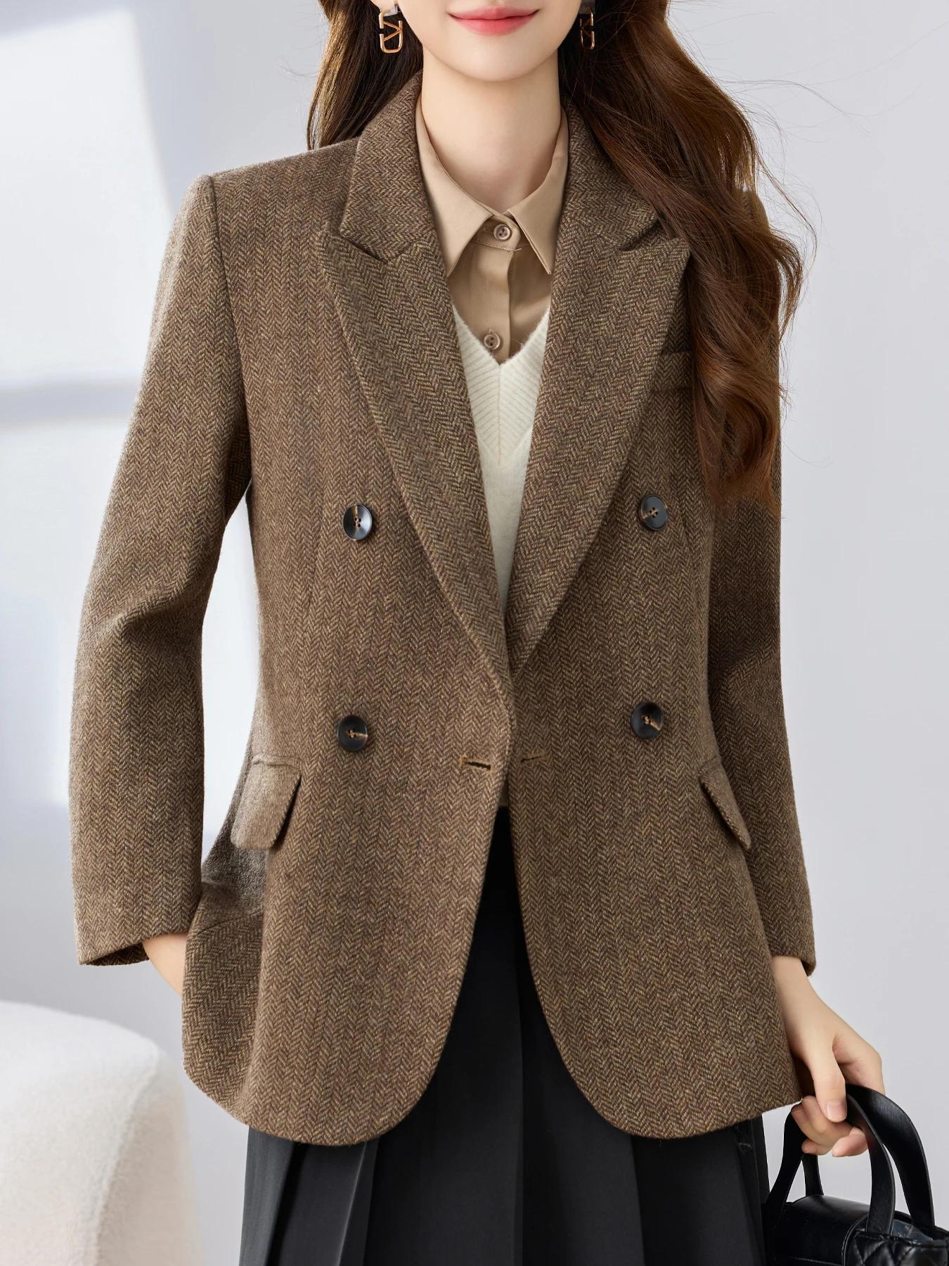 Blazer pied-de-poule à revers, Double boutonnage, avec ourlet fendu, Design élégant, couleur unie, h
