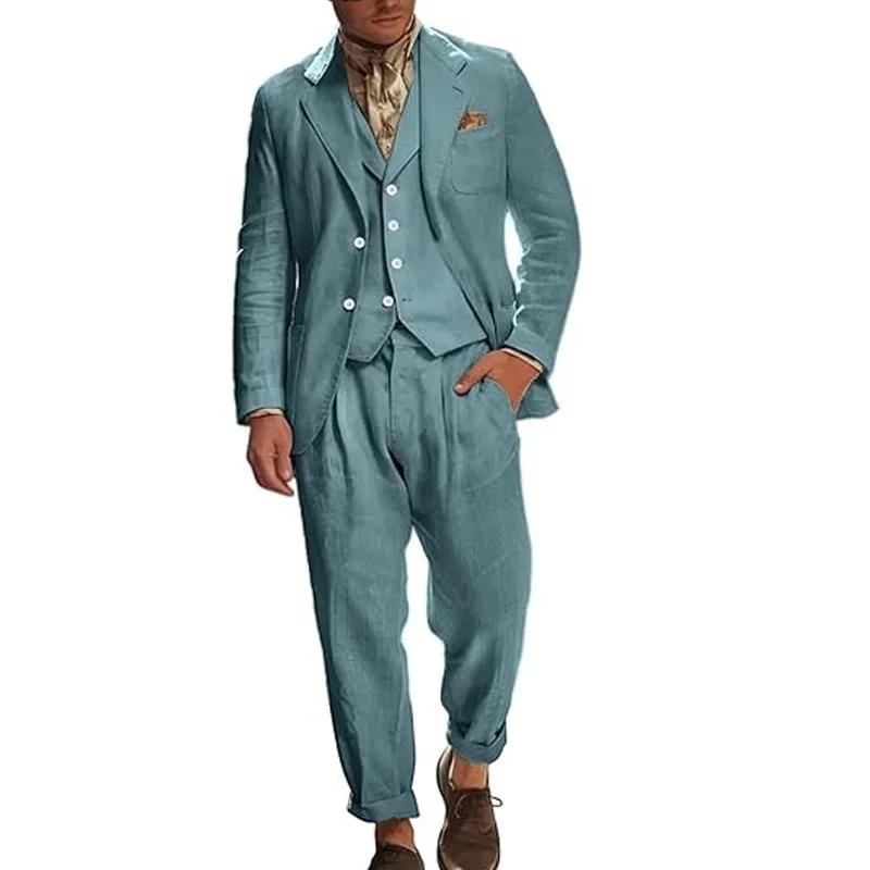 Costume en lin de luxe pour homme, respirant, léger, décontracté, à revers cranté, 3 pièces, résista