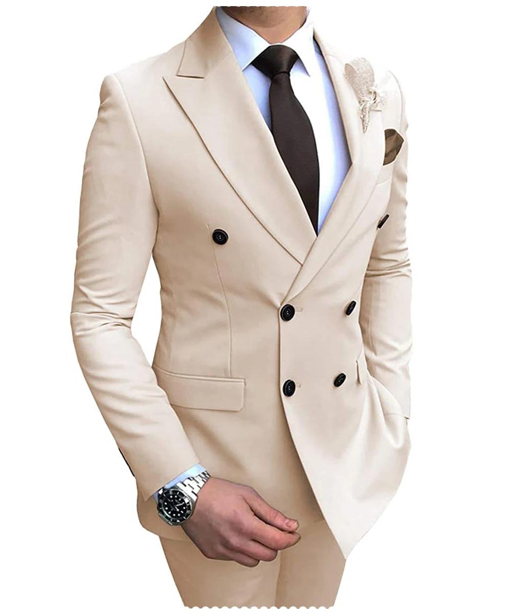 Costume Beige pour hommes, 2 pièces, Double boutonnage, revers cranté, coupe cintrée, Tuxedos décont