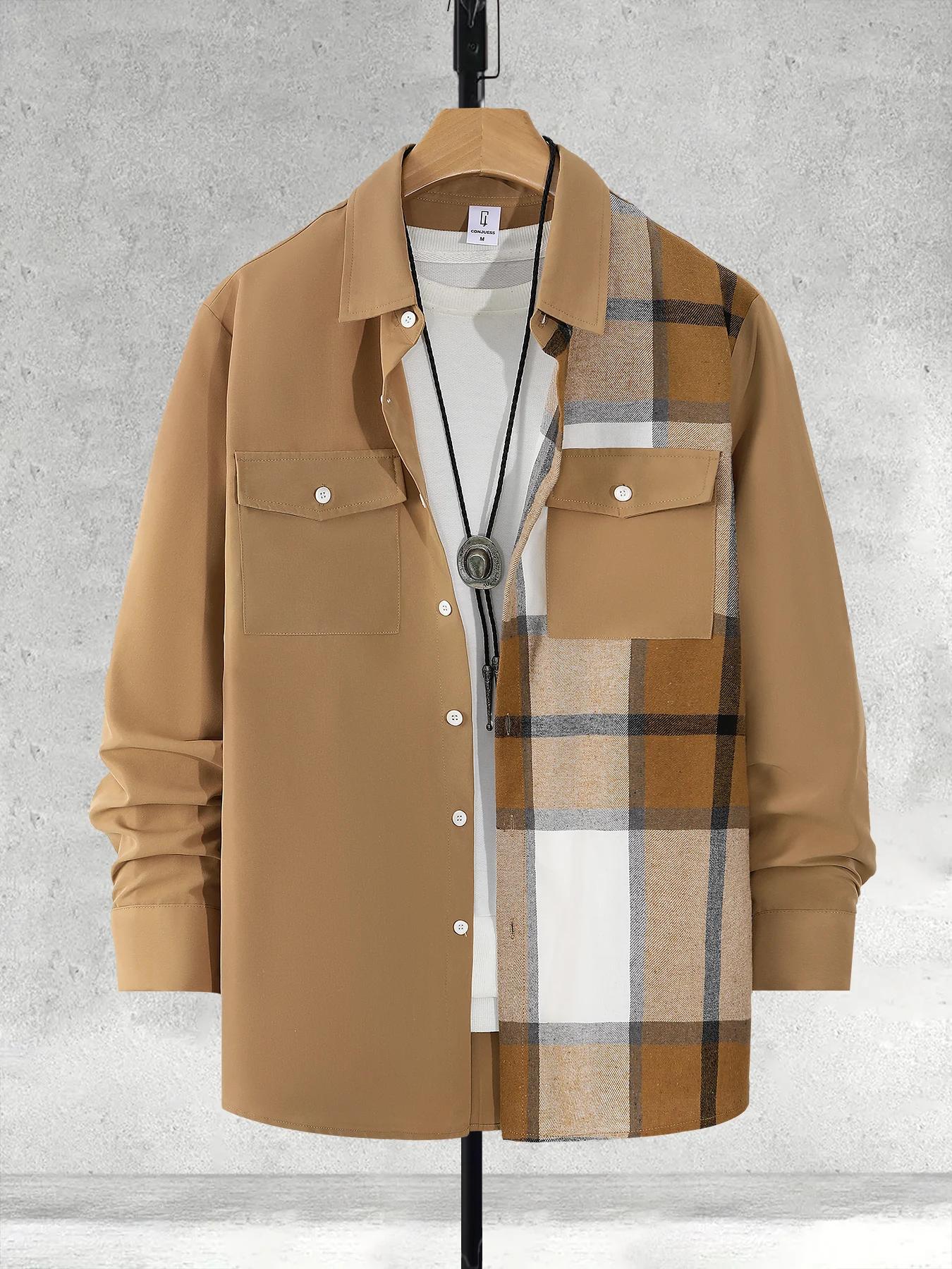 Chemise à manches longues pour homme, kaki, à carreaux, patchwork, color block, style rétro américai