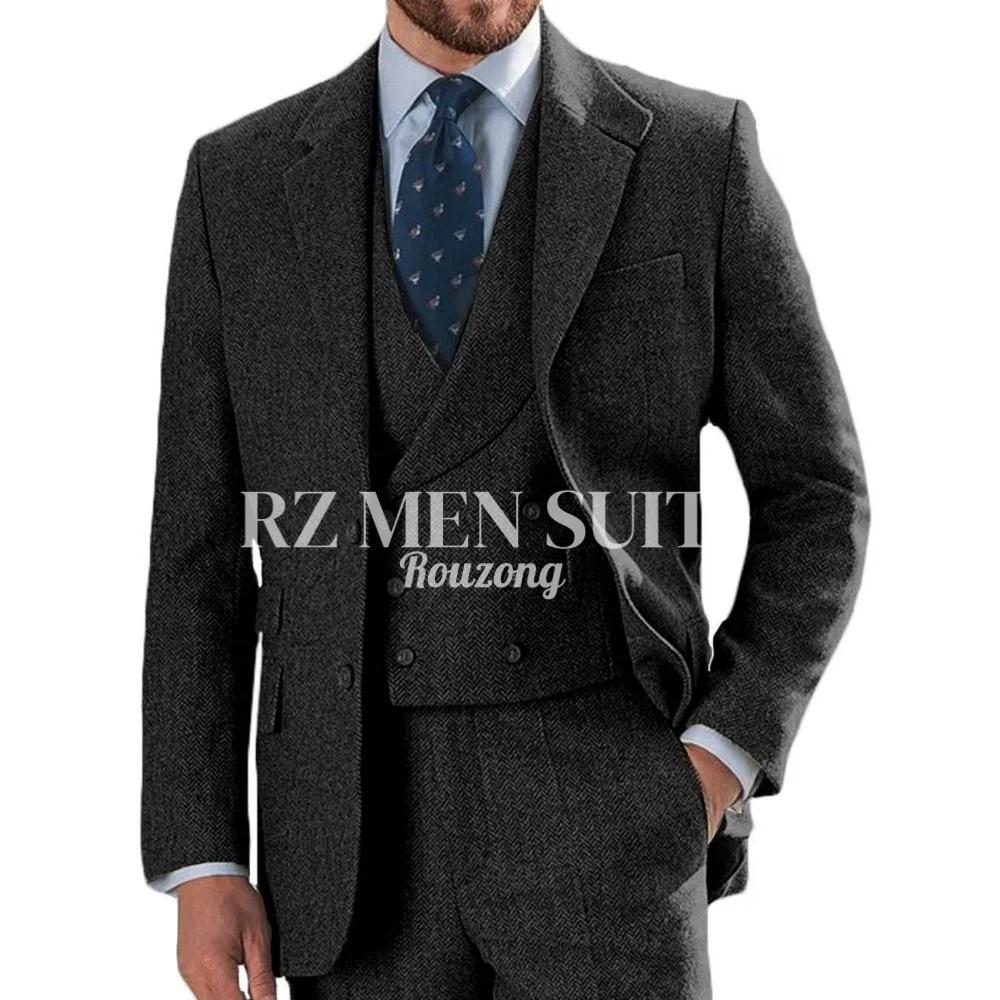 Costumes en tweed pour hommes, 3 pièces, en tweed à chevrons, coupe ajustée, blazer croisé, smoking,