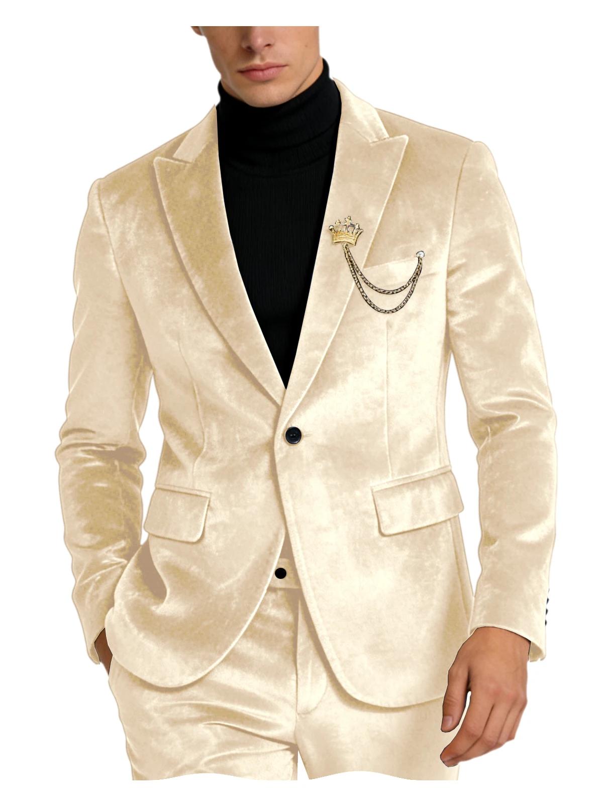 Blazer en velours vert sarcelle pour homme, 1 bouton, coupe ajustée, veste de costume formelle pour 