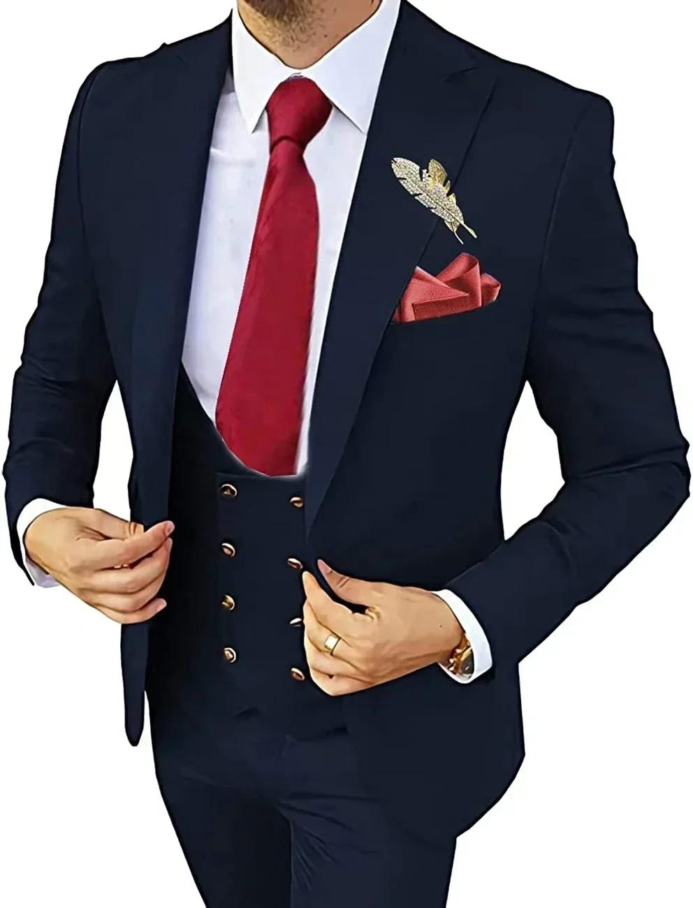 Costume de smoking classique pour hommes, 3 pièces, coupe cintrée, revers, gilet et pantalon, costum