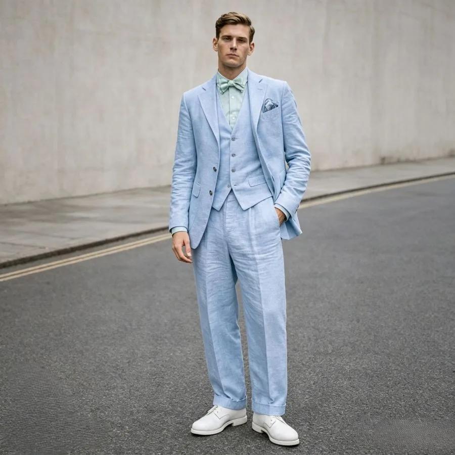 Costume homme en lin bleu ciel 3 pièces, coupe slim, été, pour mariage, affaires ou décontracté, lég