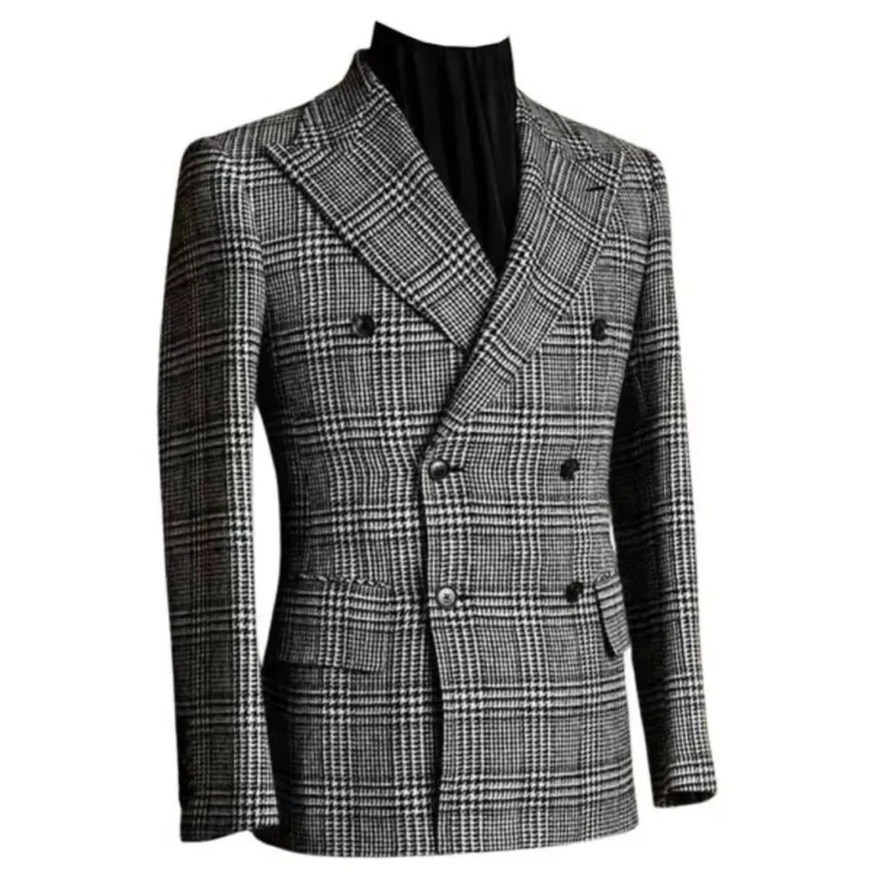 Manteau Long pied-de-poule pour hommes, veste classique à Double boutonnage pour mariage, blazer for