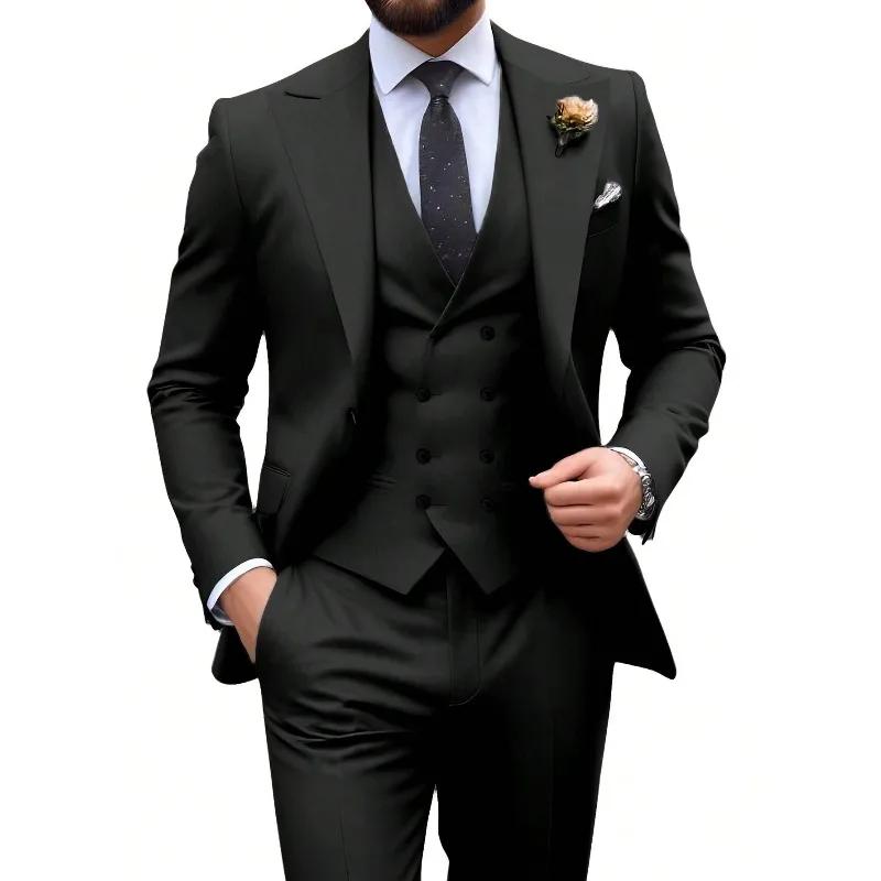 Costume 3 pièces pour homme, élégant, uni, coupe slim, blazer croisé, gilet et pantalon, pour soirée