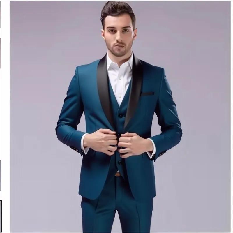 Costume 3 pièces multi-usage pour homme, noir, revers châle, coupe ajustée, tenue formelle pour mari