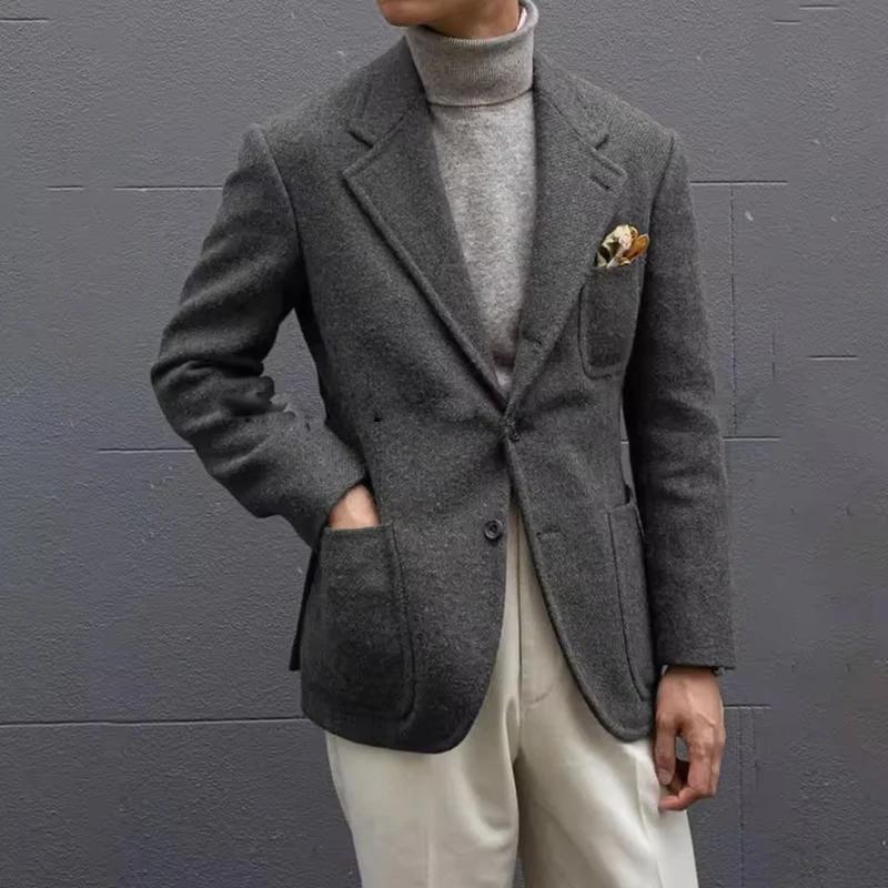Blazer en tweed pour homme, mélange de laine italienne vintage, revers, poches plaquées, manteau déc