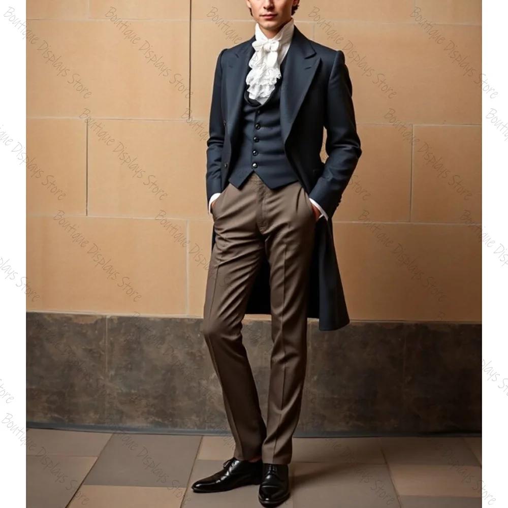 Beau manteau de queue pour hommes, costume à simple boutonnage, revers, 3 pièces (veste + pantalon +