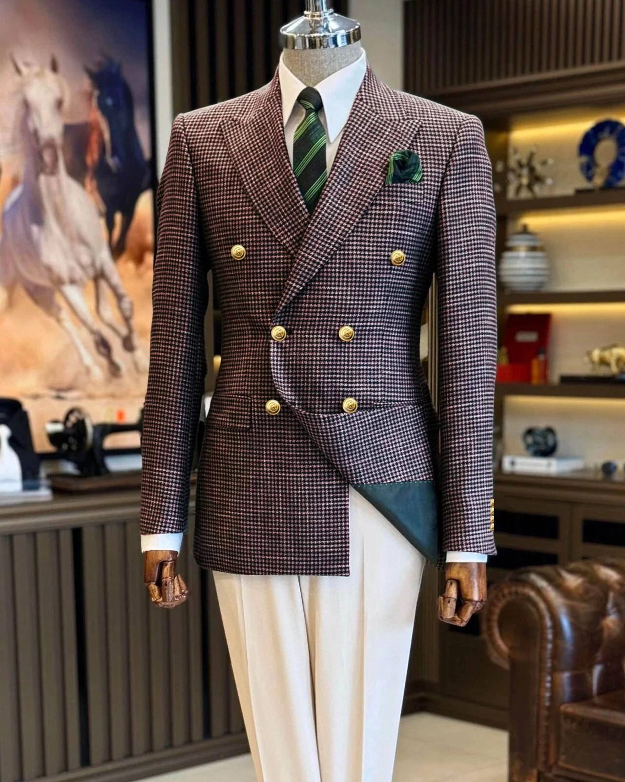 Costume Blazer pour hommes, bleu marine, pied-de-poule, revers, Double boutonnage, Business, coupe c