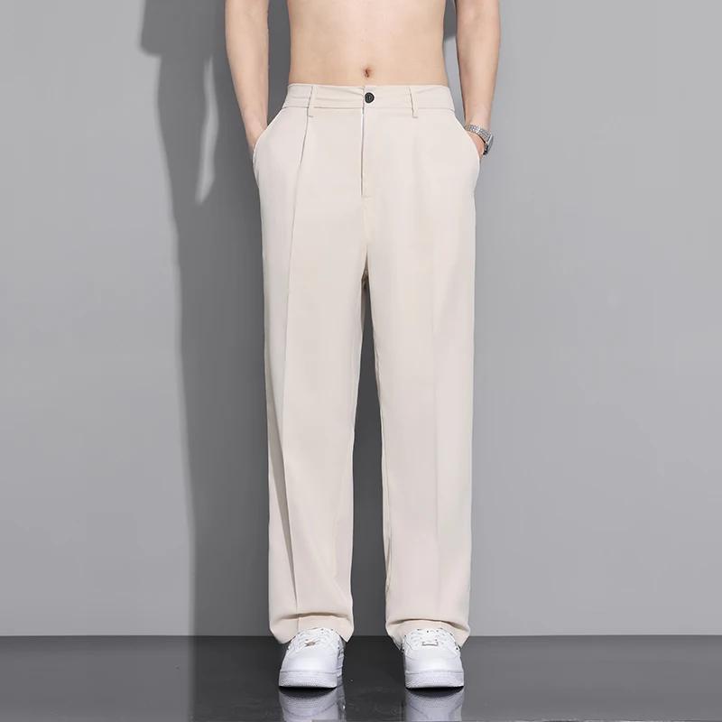 Pantalon de costume beige pour homme, coupe ample, mode sociale, pantalon large, style coréen, décon