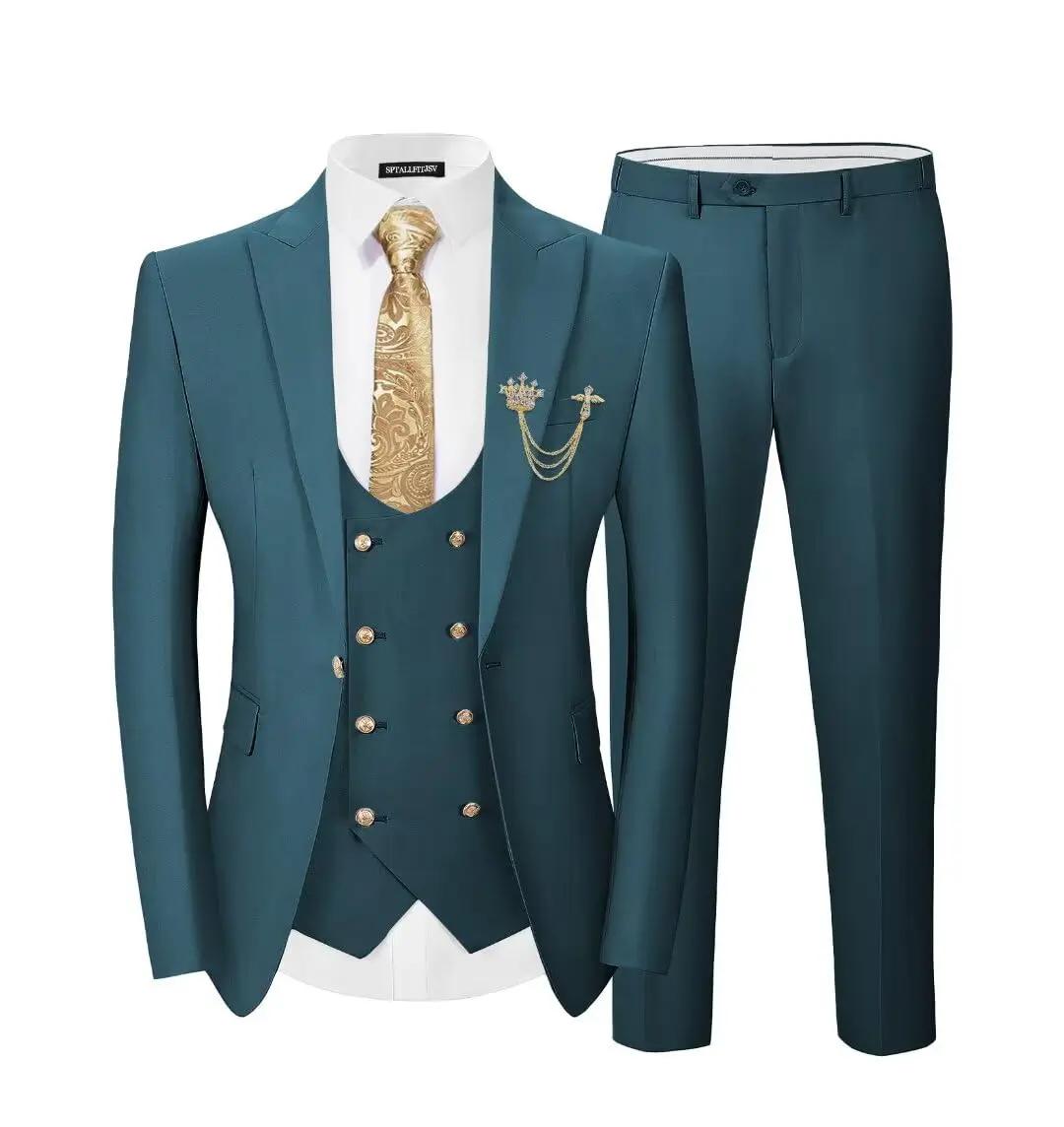 Ensemble de costume 3 pièces pour homme, classique, un bouton doré, coupe ajustée, blazer, gilet, pa