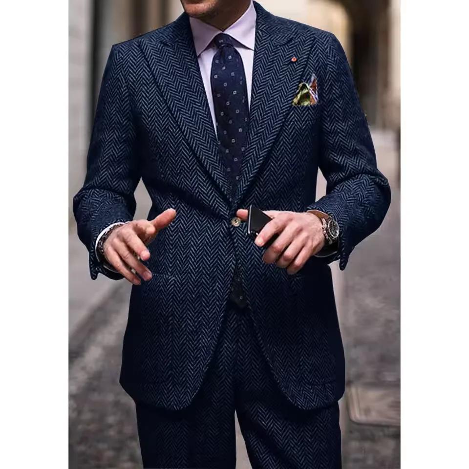 Costume deux pièces à chevrons pour hommes, revers cranté, simple boutonnage, coupe cintrée, taille 