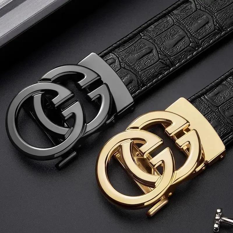 Ceinture en cuir véritable pour hommes, alliage métallique, structure automatique, marque de luxe, d