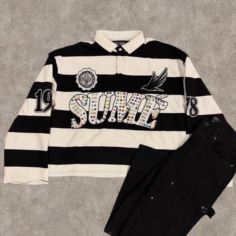 Y2K rétro à manches longues Polo rayure Sume broderie motif chemise hommes tendance Sport Hip Hop dé
