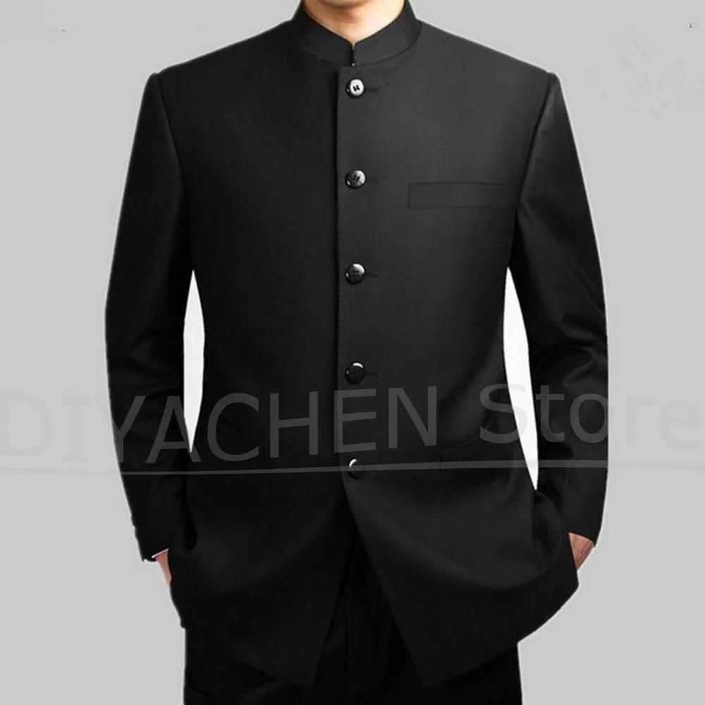 Ensemble de costume à col Mandarin pour hommes, coupe cintrée, Chic, Blazer à simple boutonnage avec