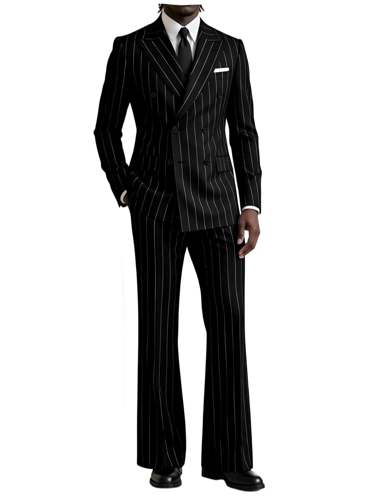 Costume 2 pièces rayé pour homme, revers cranté, veste à rayures droites + pantalon évasé, idéal pou