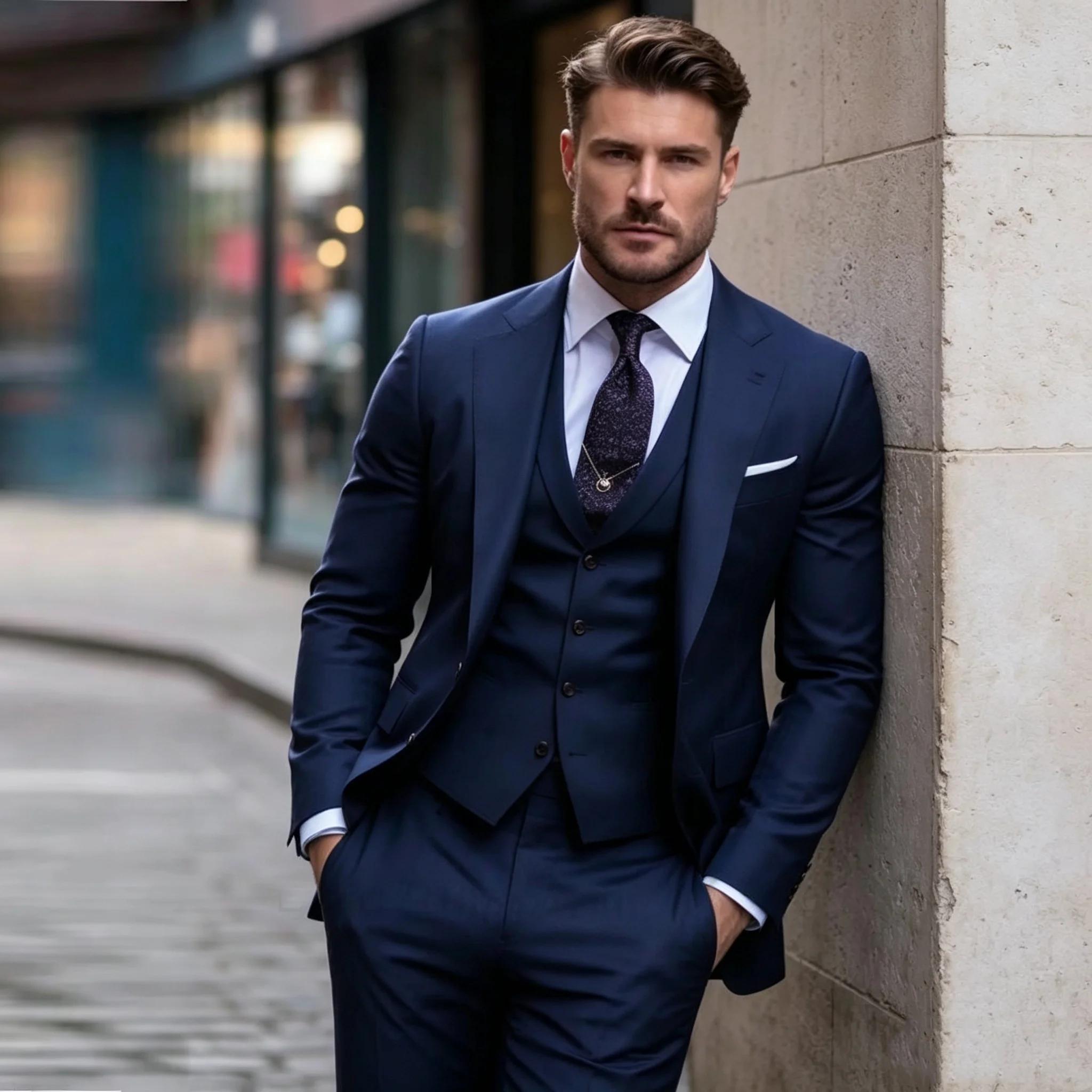 Costume homme bleu marine de haute qualité, coupe ajustée, élégant, 3 pièces (veste, gilet, pantalon