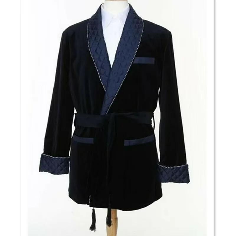 Costumes décontractés noirs pour hommes, veste en velours, blazer fumant, ceinture personnalisée, ch