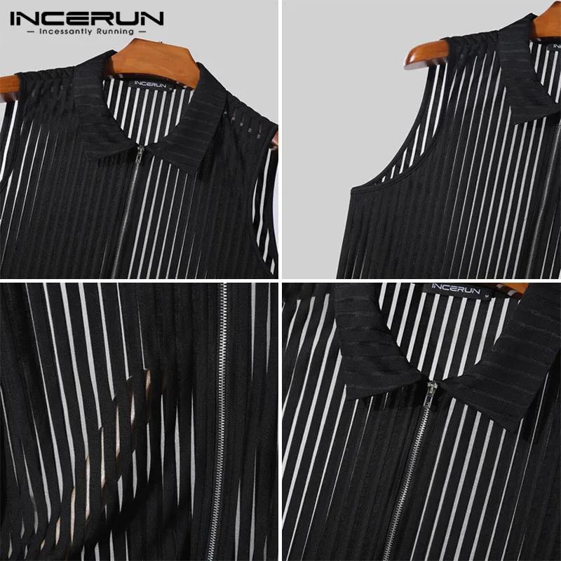 Mode Style décontracté hauts INCERUN hommes rayure verticale Perspective gilet à glissière Sexy mâle