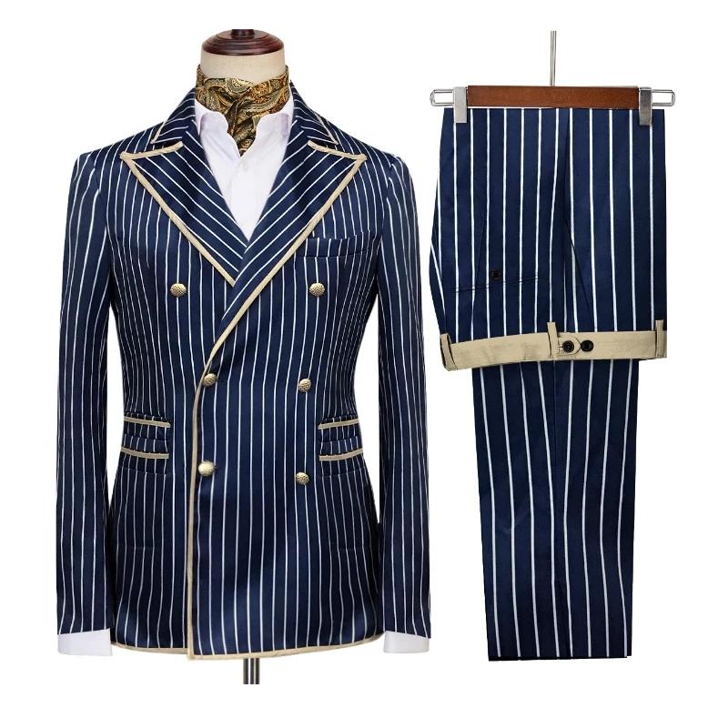Costumes pour hommes rayés haut de gamme nouveauté revers Double boutonnage 2 pièces mince intellige