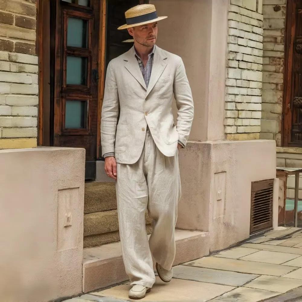 Costume en lin pour homme 2 pièces, coupe slim de luxe, blazer décontracté, pantalon droit, respiran
