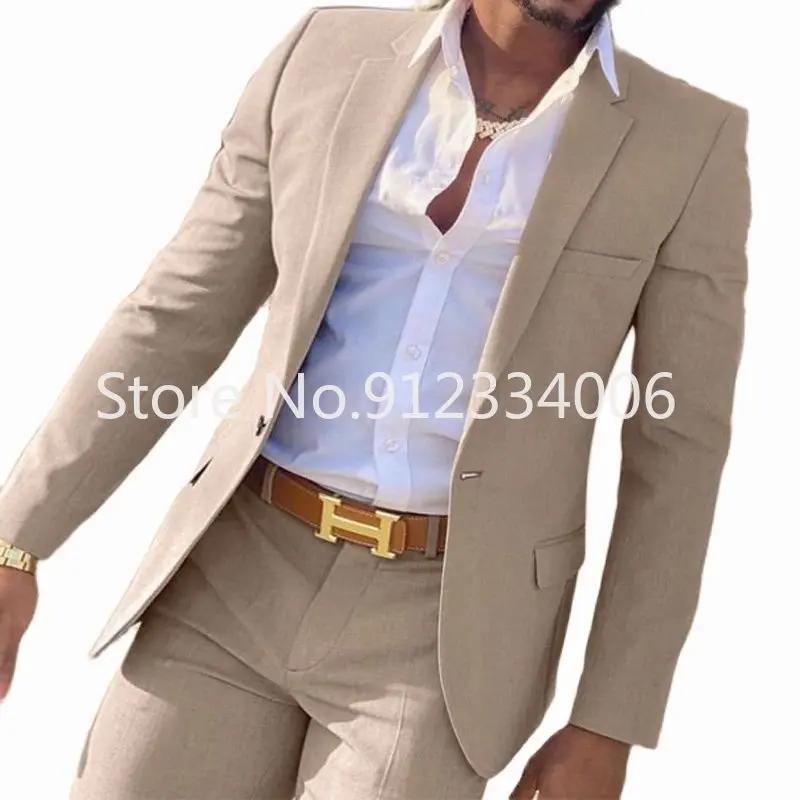 Costume Beige 2 pièces pour hommes, coupe cintrée, smoking de marié de mariage, costumes pour hommes