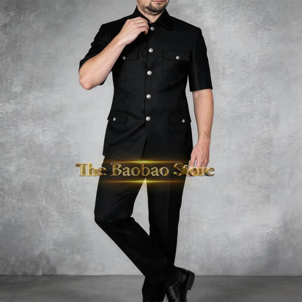 Costume noir pour homme, ensemble 2 pièces, veste à manches courtes et pantalon, smoking classique d
