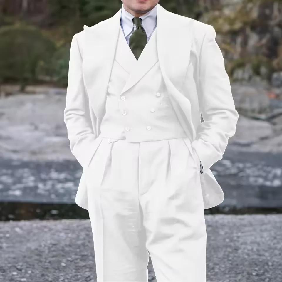 Costume 3 pièces en lin pour homme, coupe classique vintage, blazer croisé, gilet et pantalon plissé