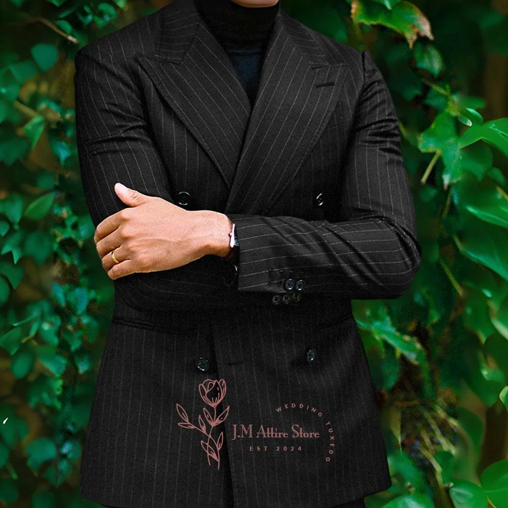 Costume formel pour homme, ensemble 2 pièces, bleu rayé, revers en pointe, veste croisée, pantalon, 