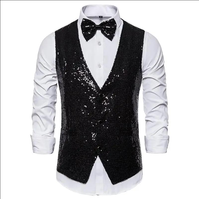 Gilet de luxe pour homme, col en V, coupe ajustée, scintillant, uni, avec nœud papillon, pour mariag