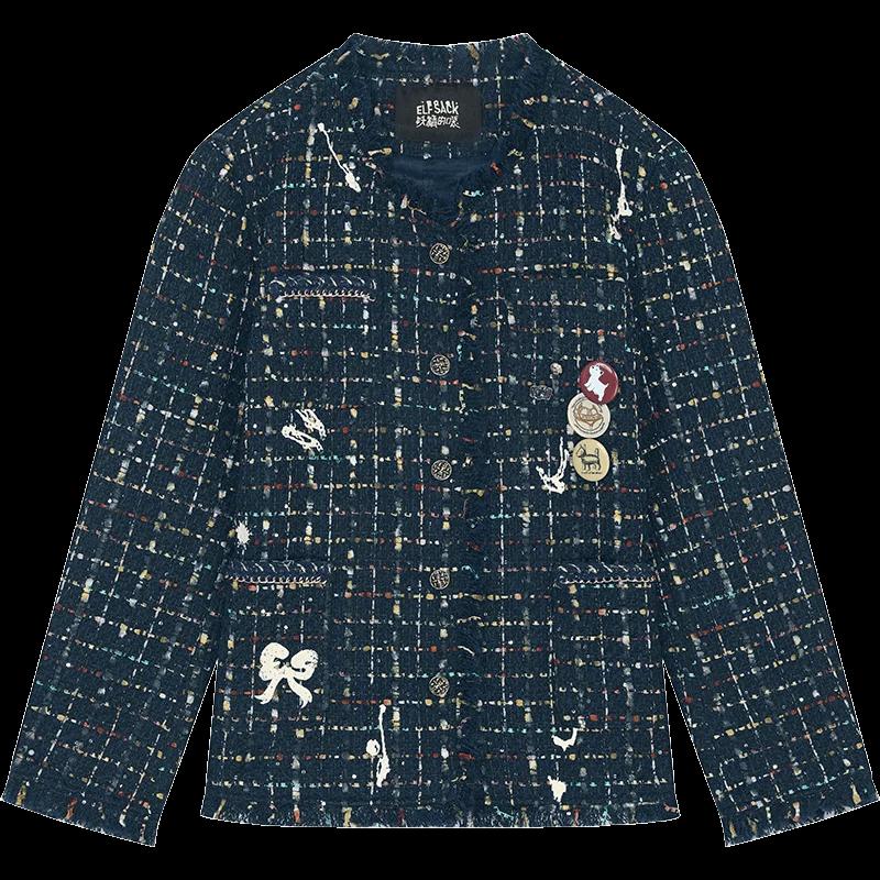 Veste de style preppy ELFSACK avec un élégant tweed français, imprimé et bords effilochés, veste bla
