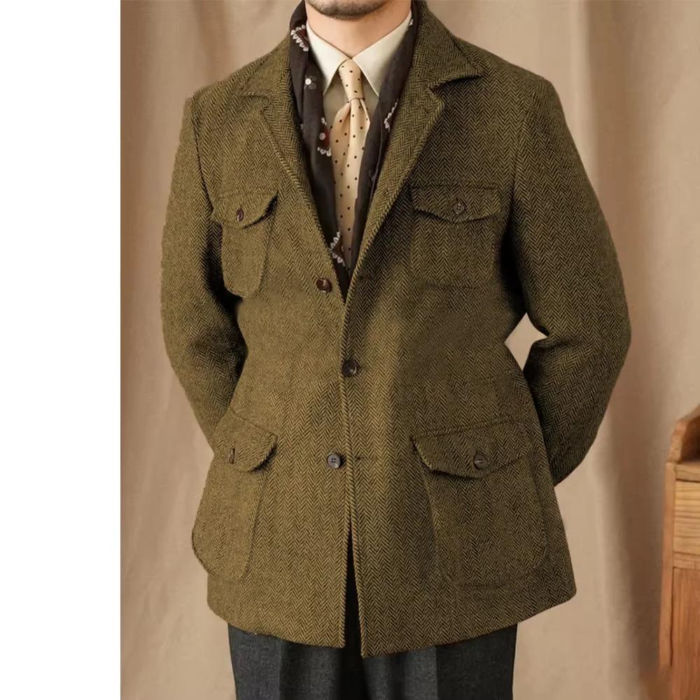 Costumes pour hommes Vintage Blazer en Tweed à chevrons mélange de laine britannique Double boutonnage léger manteau de Sport décontracté veste formelle