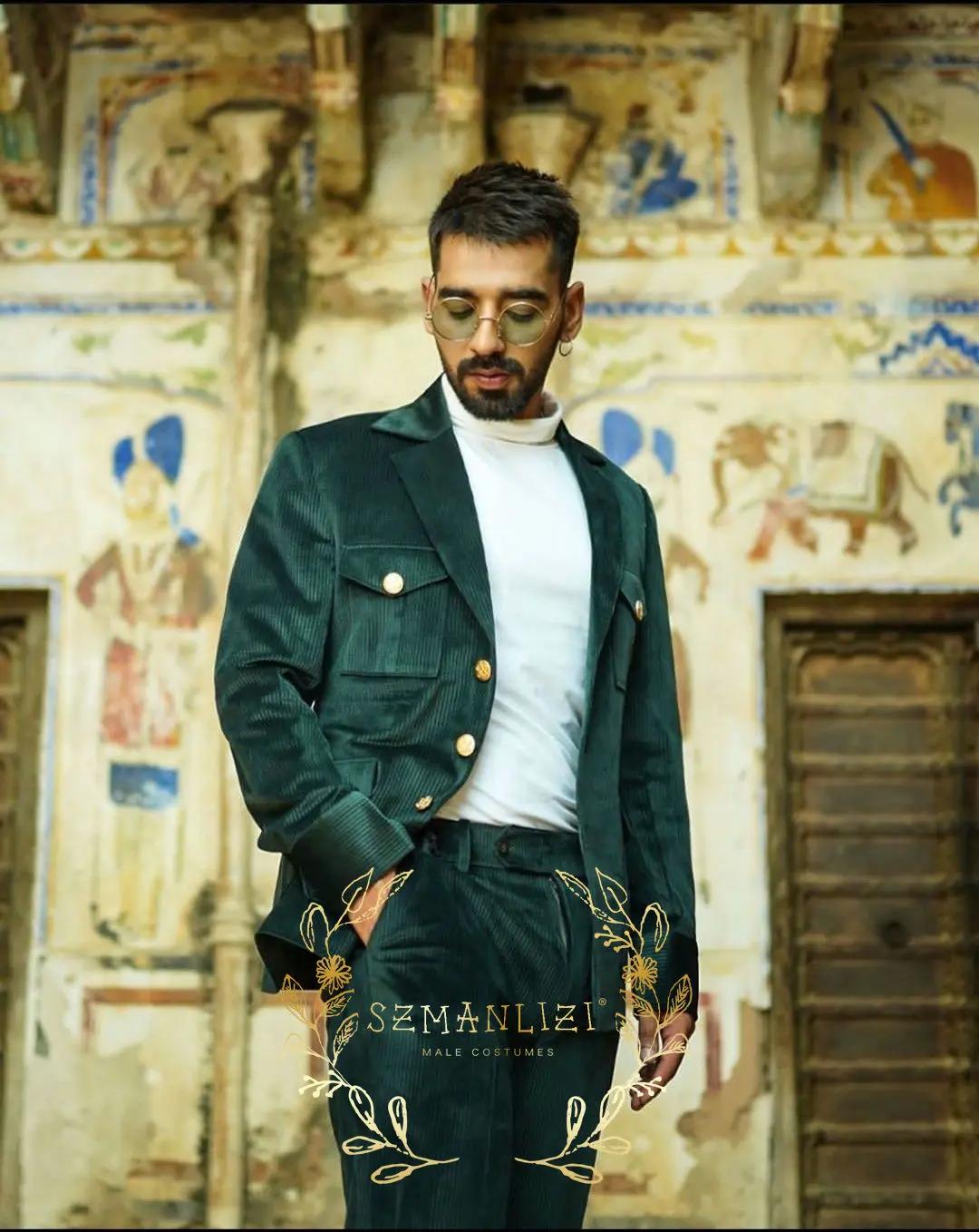 Costume Homme vert velours côtelé Vintage hommes costumes sur mesure 2 pièces ensemble mariage marié personnalisé smoking bal coupe ajustée veste pantalon