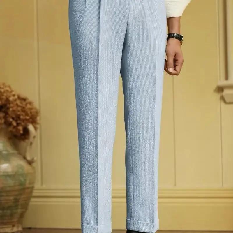 Style italien Naples costume pantalon hommes rayures bleues Seersucker taille haute Paris boucle