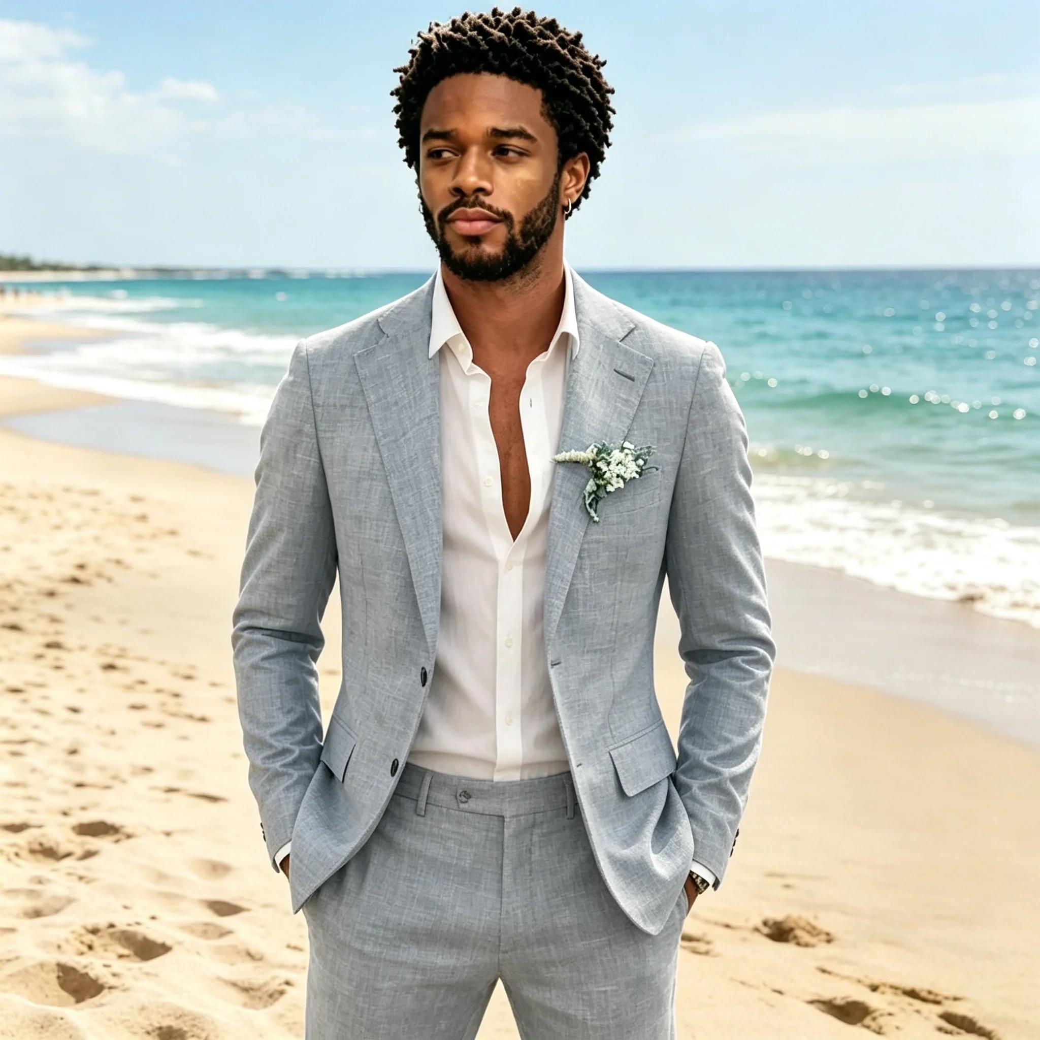 Costume décontracté en lin bleu ciel pour homme