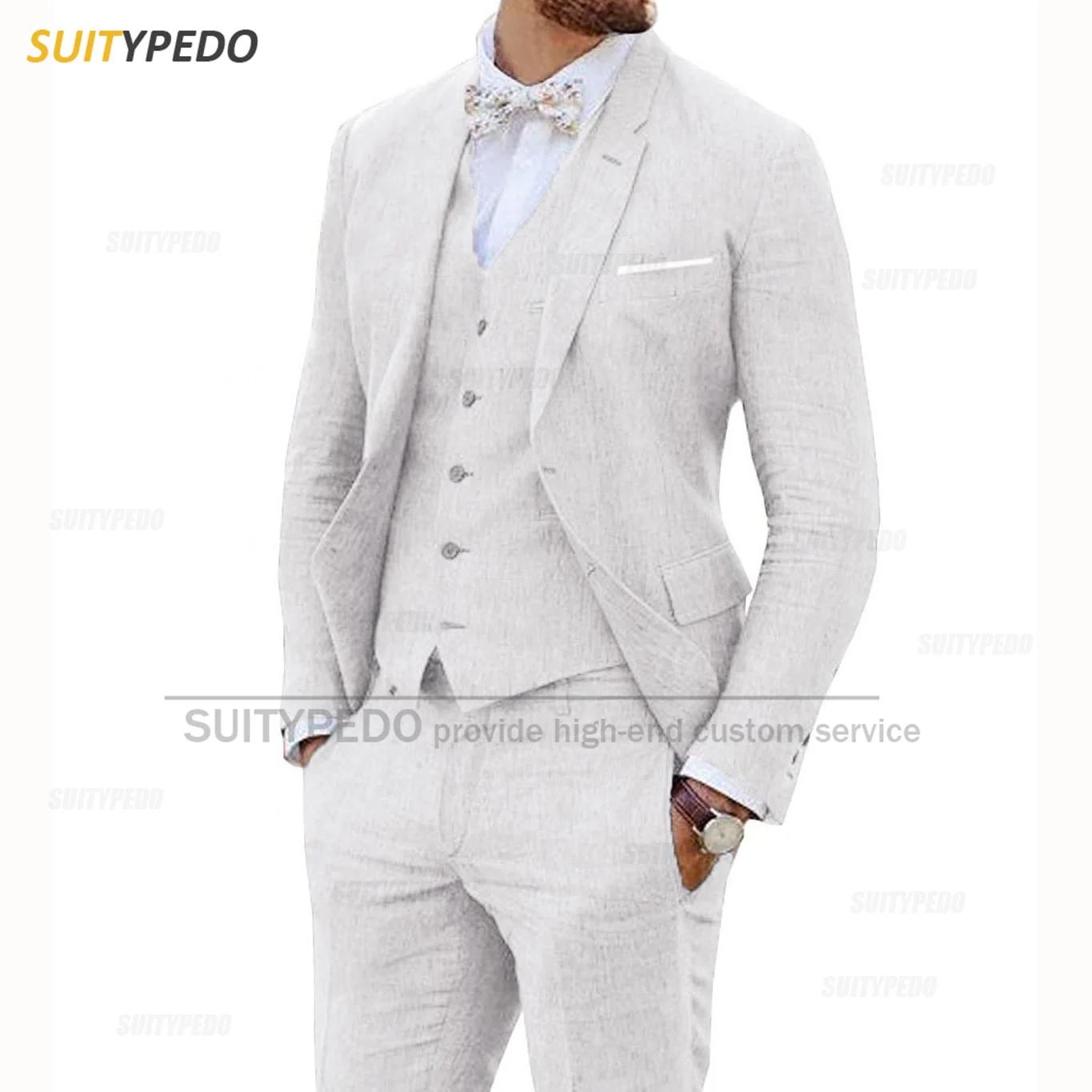 Costume 3 Pièces en Lin Beige pour Homme