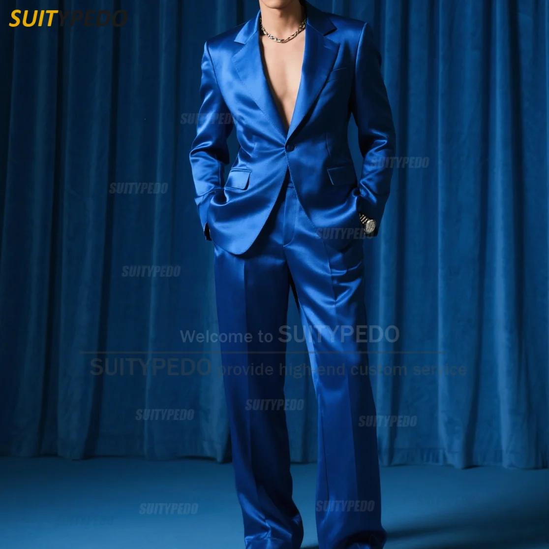 Mode bleu Royal Satin fête bal hommes costume ensembles 2 pièces Blazer et pantalon bref solide un bouton cran revers Homme Costumes