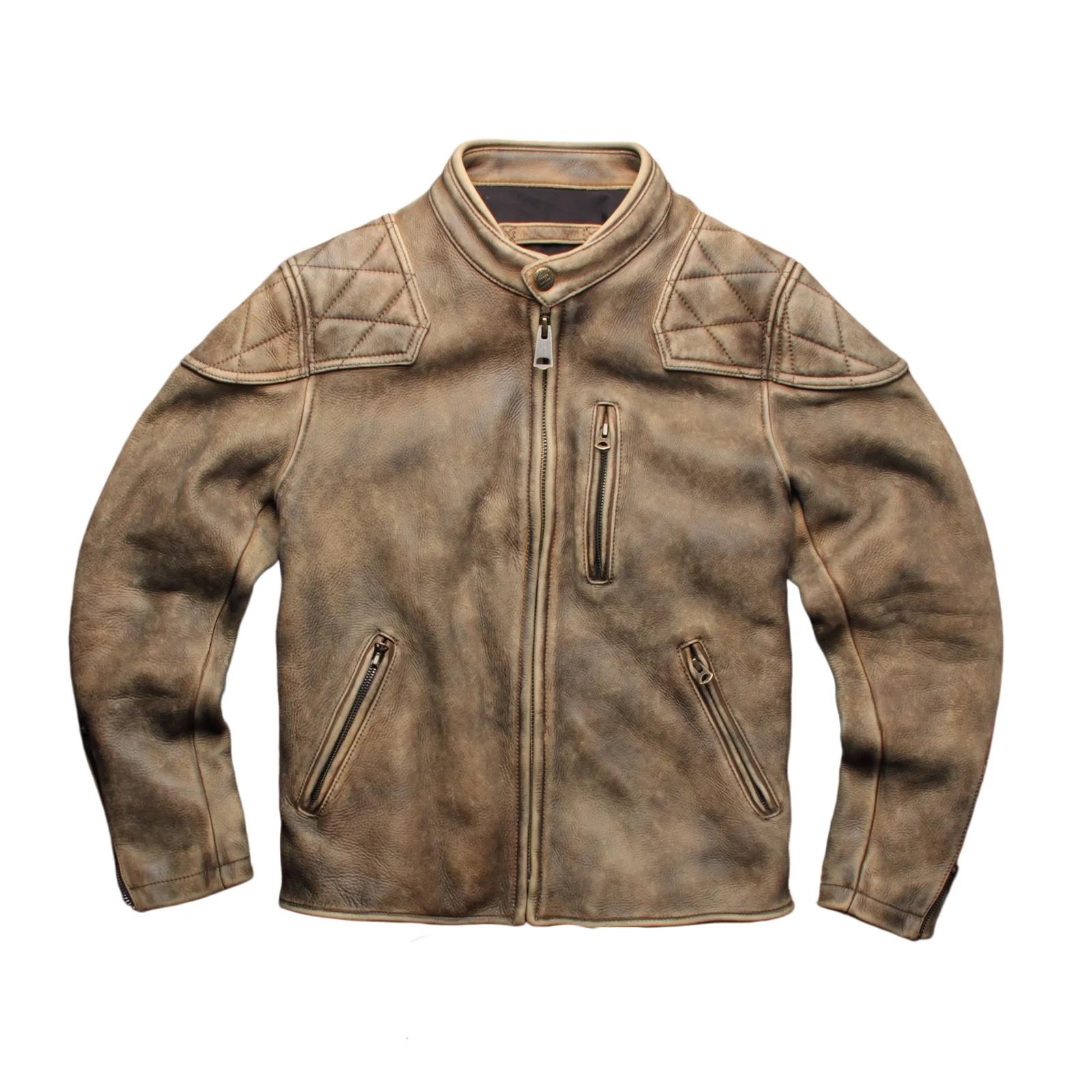 Veste en cuir d'hiver kaki pour homme