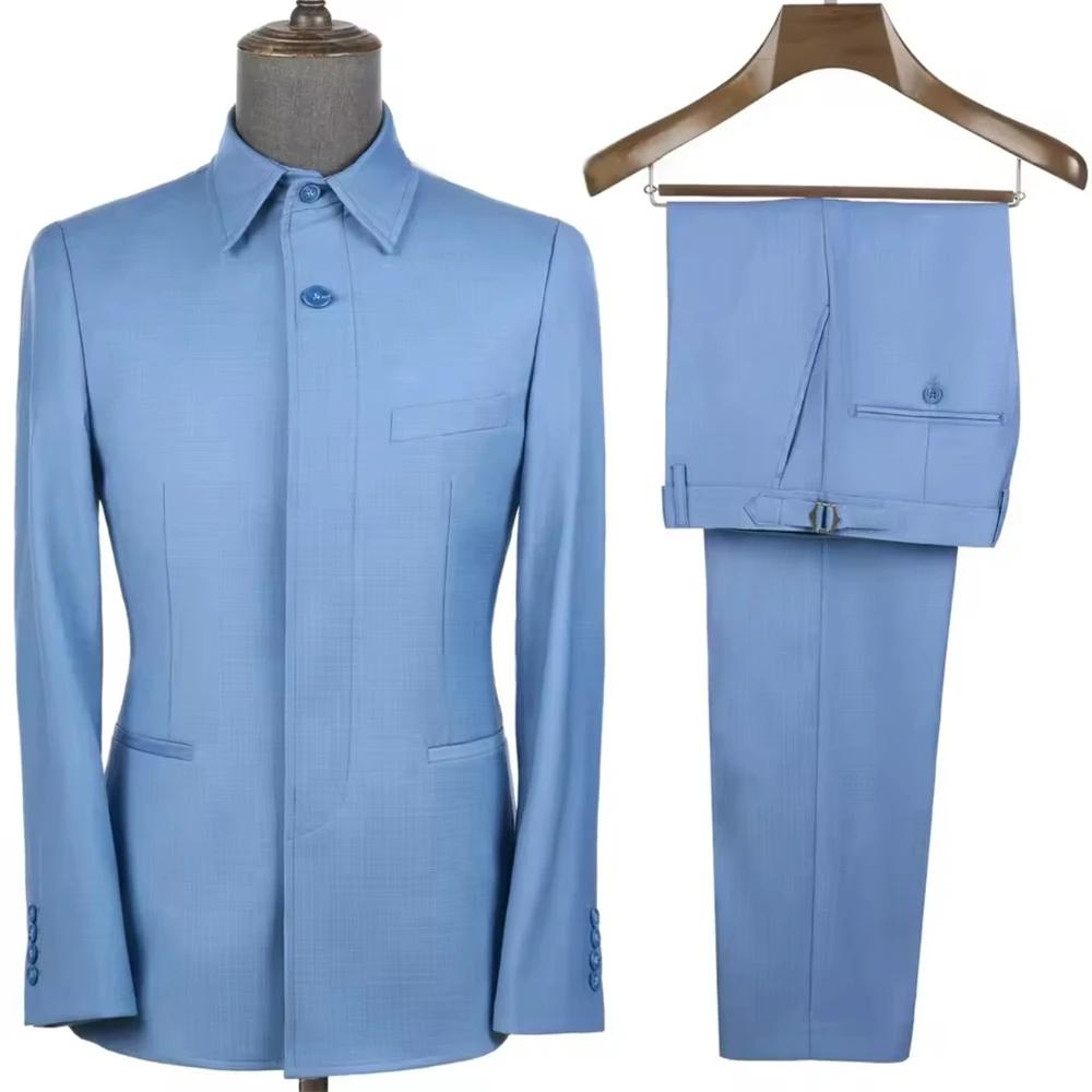 Costumes Safari Sur Mesure pour Hommes Veste à Col Carré Casual Pantalon Costume Formel Affaires Officiel Vêtement