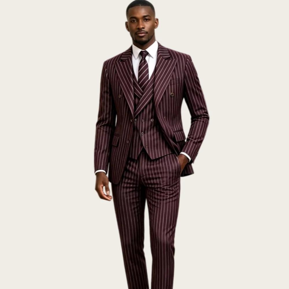 Costume Homme Rayé Bordeaux 3 Pièces Revers Pointus Croisé Coupe Slim pour Marié