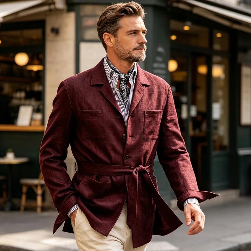 Blazer en lin pour homme avec ceinture